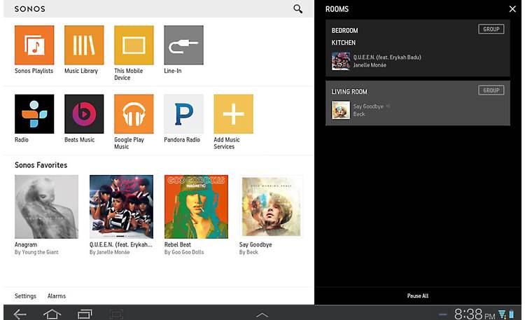 Sonos Playbar The free Sonos app for tablets (Android version shown)