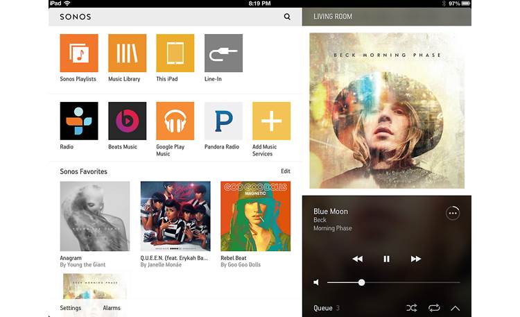 Sonos Connect:Amp The free Sonos app for tablets (iPad version shown)