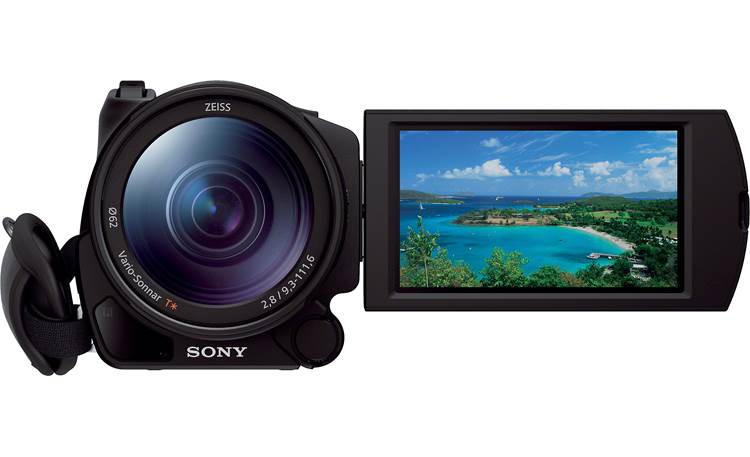 Sony Handycam® FDR-AX100 Front view with viewscreen turned 180 degrees