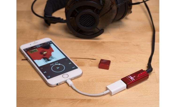AudioQuest DragonFly® Red v1.0 Shown with optional smartphone adapter, phone, and headphones