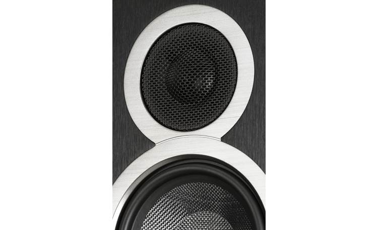 ELAC Debut F5 Detailed view of silk dome tweeter and woven aramid-fiber midrange cone