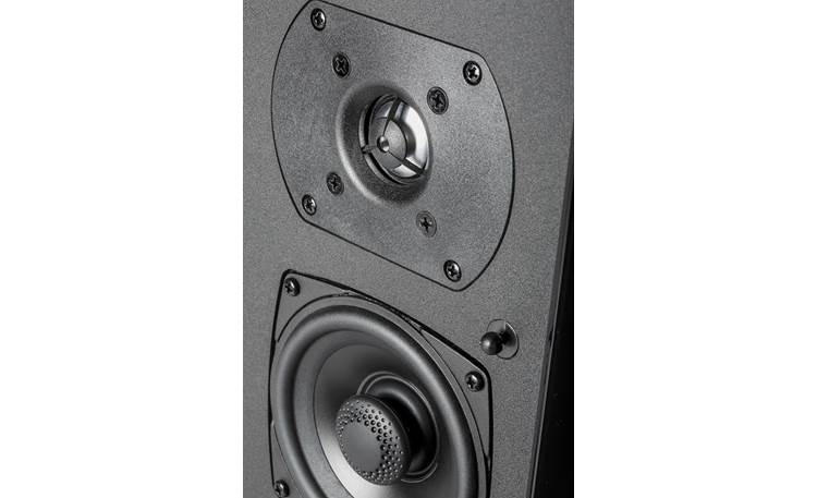 Definitive Technology SR-9080 Detailed view of BDSS mid/bass driver and annealed aluminum tweeter