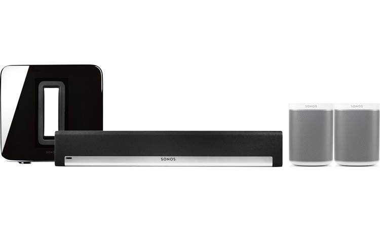 kit Brun halskæde Sonos Playbar 5.1 Home Theater System (Black Bar & Sub/White Surrounds)  Includes Sonos Playbar Sub, and two Play:1 speakers at Crutchfield