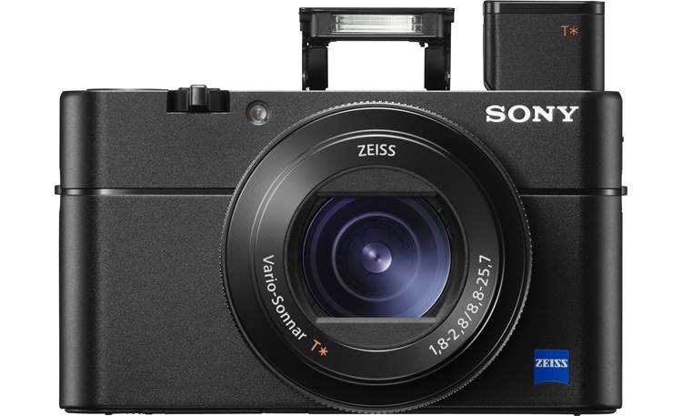 Sony Cybershot® DSC-RX100 V Front, with flash and viewfinder popped up