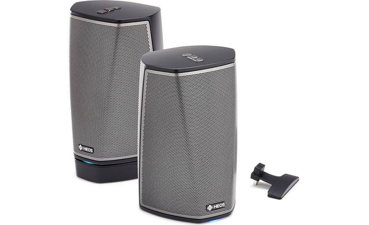 Denon HEOS 1 & Go Pack Bundle Go Pack connected to HEOS 1 on left, creating a portable, splash-proof speaker