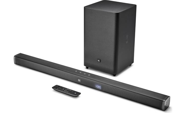JBL Bar 2.1 System shown with included remote (also learns your TV remote volume commands)