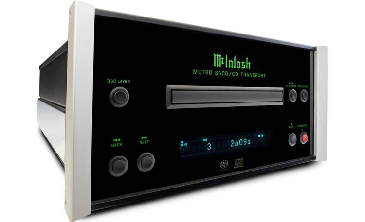McIntosh MCT80 polished stainless steel chassis with black glass front panel, illuminated logo, and aluminum end caps
