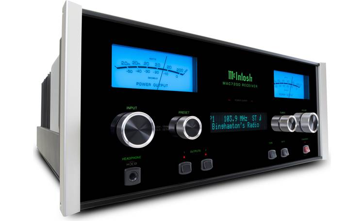 McIntosh MAC7200 Polished stainless steel chassis with black glass front panel, illuminated logo, and aluminum end caps