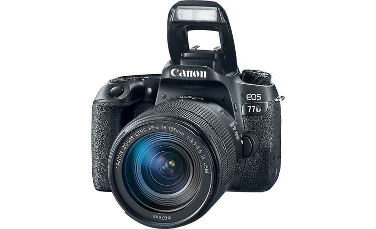 Canon EOS 77D Telephoto Lens Kit Shown with flash popped up