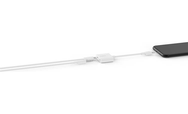Belkin Audio + Charge Rockstar™ Shown with 3.5mm cable, Lightning cable, and iPhone (not included)