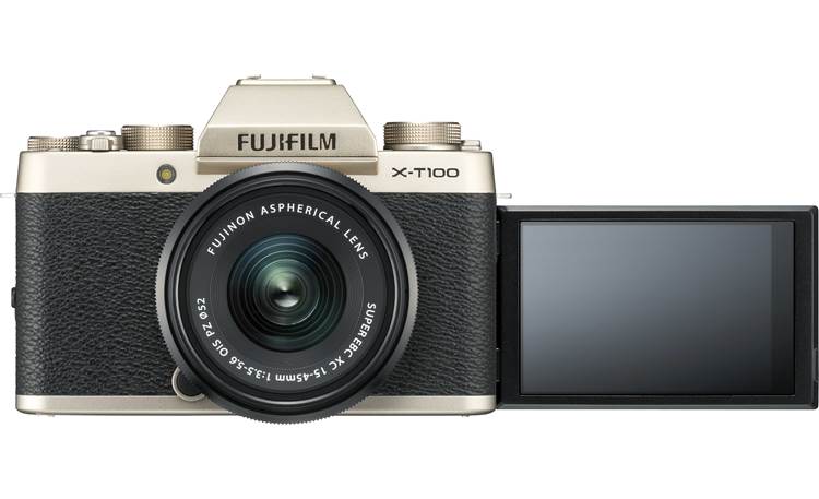 Fujifilm X-T100 Kit Shown with 3-way tilting touchscreen facing forward — great for selfies