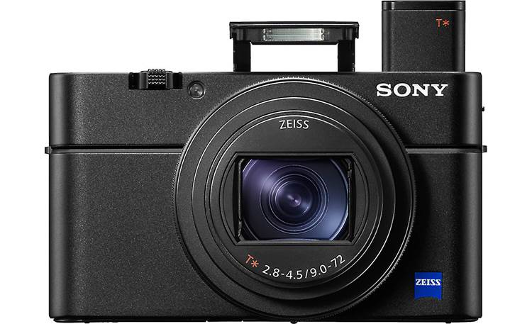 Sony Cyber-shot® DSC-RX100 VI Front, with viewfinder popped up and built-in flash deployed