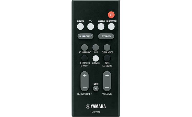 Yamaha YAS-108 Remote control offers Bass Extension button and independent subwoofer volume control