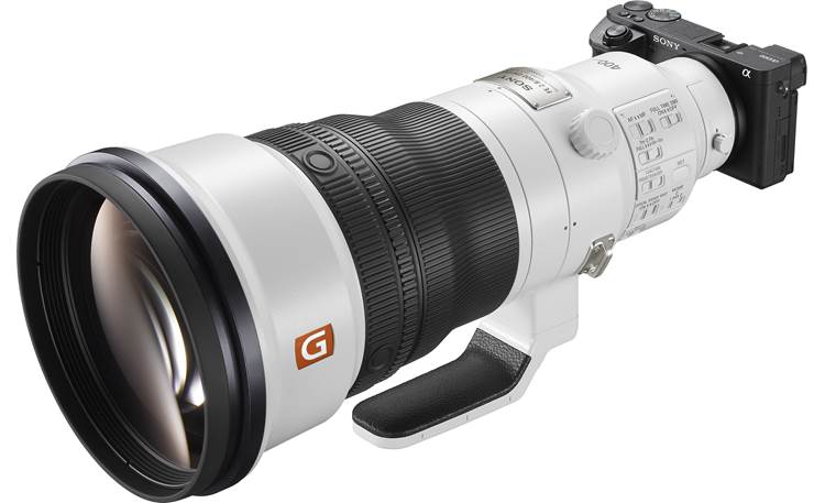 Sony FE 400mm f/2.8 GM OSS Angled front view, shown mounted on camera (not included)