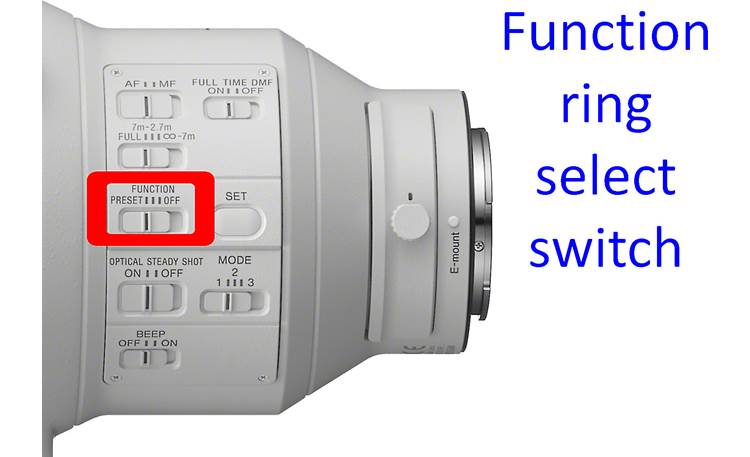 Sony FE 400mm f/2.8 GM OSS Function ring select switch lets you assign various functions or preset focus to the function ring on the lens barrel