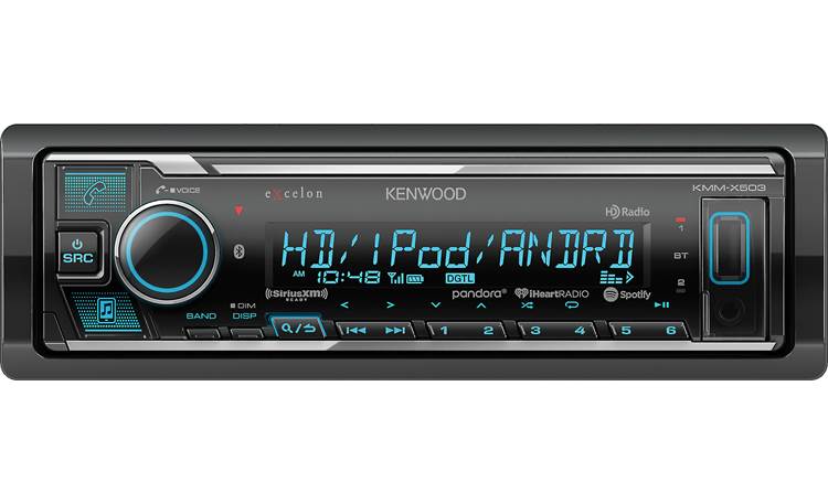 Kenwood Excelon KMM-X503 Source options include Bluetooth, SiriusXM, and HD Radio