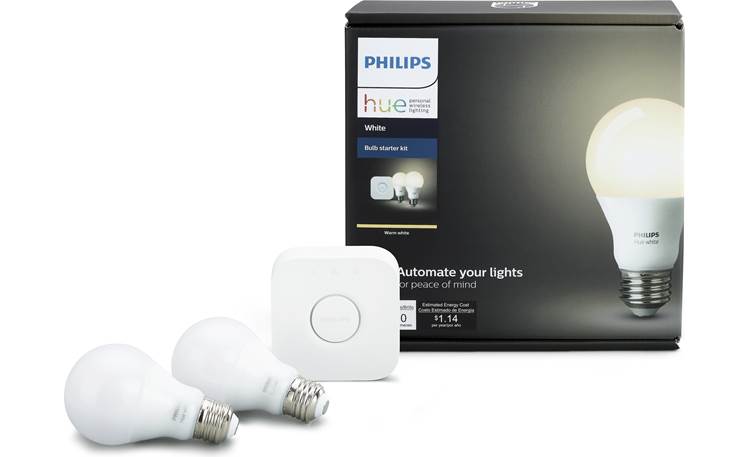 Philips Hue White A19 Starter Kit smart LED light bulbs and a wireless bridge at Crutchfield
