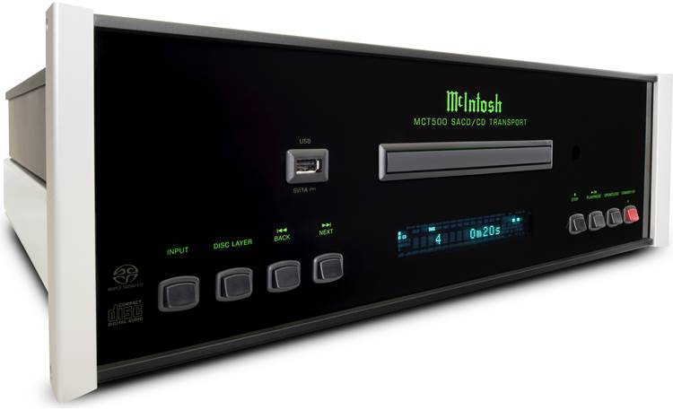 McIntosh MCT500 Polished stainless steel chassis with a black glass front panel and brushed aluminum end caps