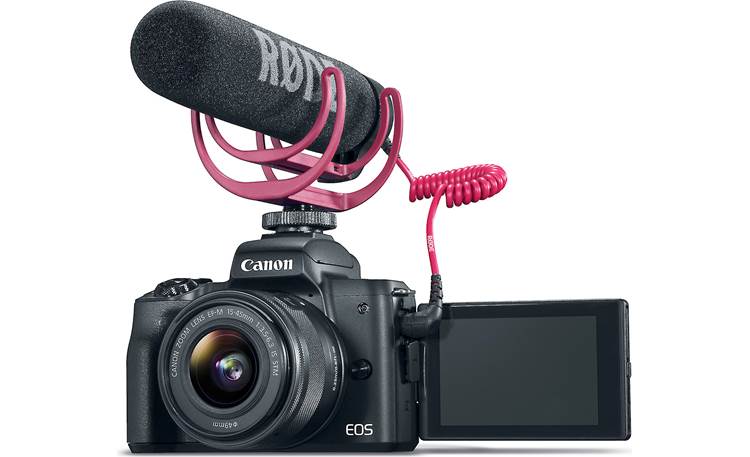 Canon EOS M50 Video Creator Kit Front, with microphone attached and rotating touchscreen facing forward