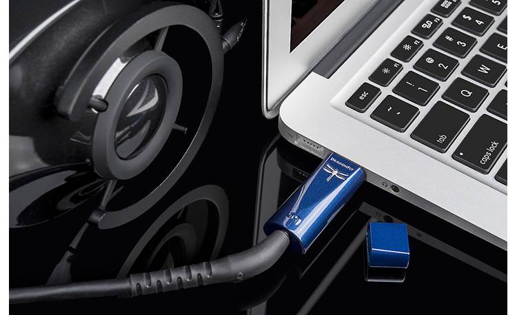 AudioQuest DragonFly® Cobalt Connected to laptop and headphones (sold separately)