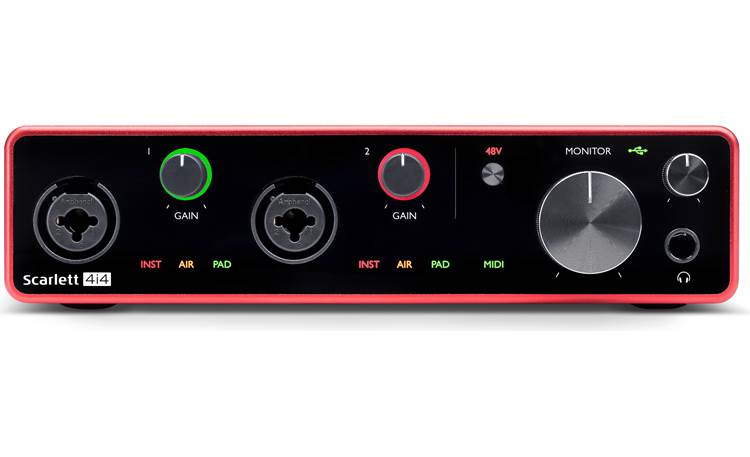 Focusrite Scarlett 4i4 (3rd Generation) Illuminated, color-coded "halos" indicate input signal and clipping
