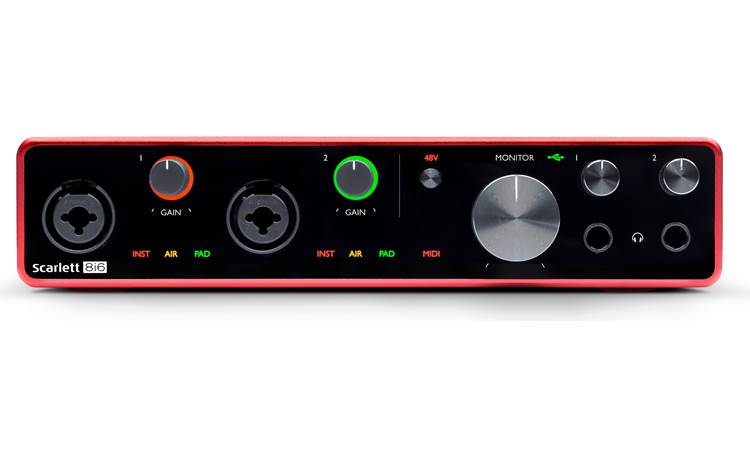 Focusrite Scarlett 8i6 (3rd Generation) Illuminated, color-coded "halos" indicate input signal and clipping