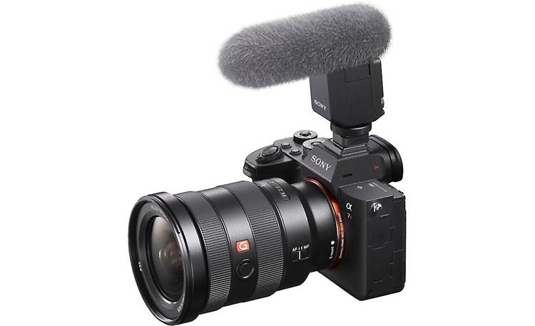 Sony ECM-B1M Shown mounted to Sony a7R (camera not included) with included wind screen