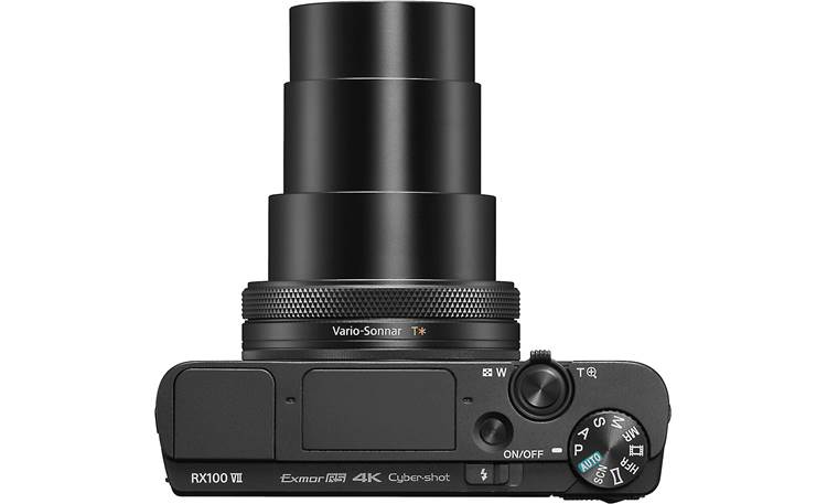 Sony Cyber-shot® DSC-RX100 VII Shown from the top, with zoom lens fully extended
