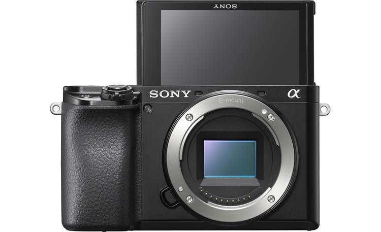 Sony Alpha a6100 Two Lens Kit Shown with touchscreen facing forward