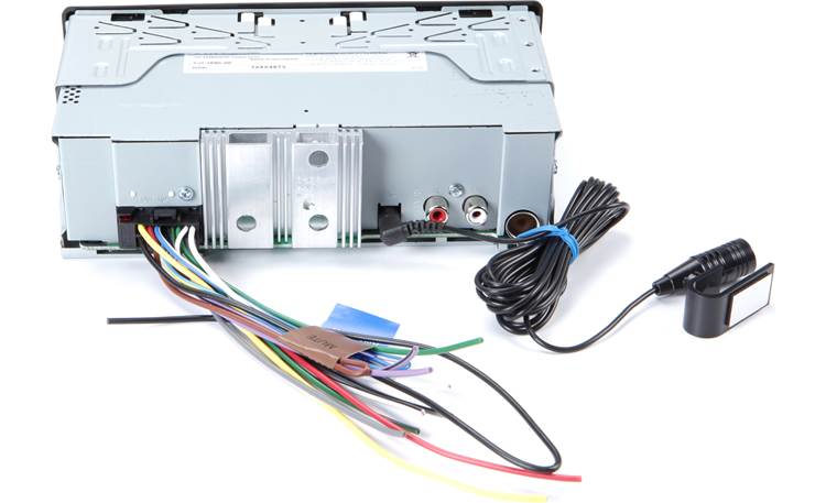 Kenwood KMM-BT228U Rear panel shown with included wiring harness and Bluetooth microphone