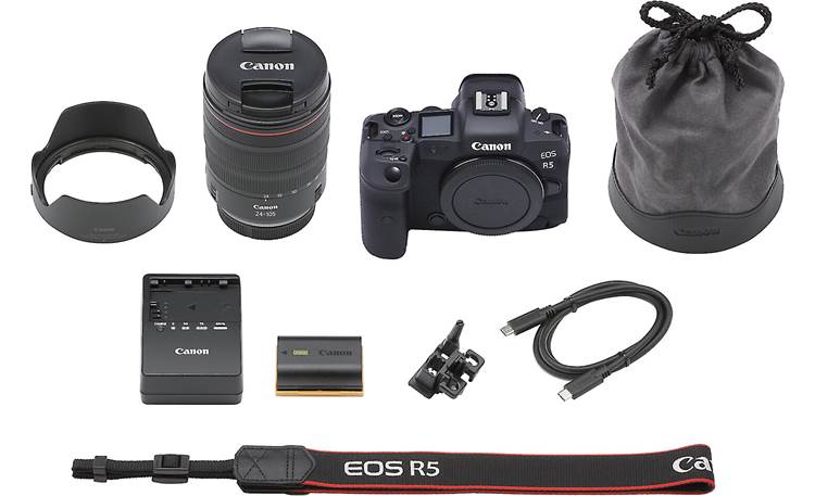 Canon EOS R5 L Series Zoom Kit Shown with included accessories