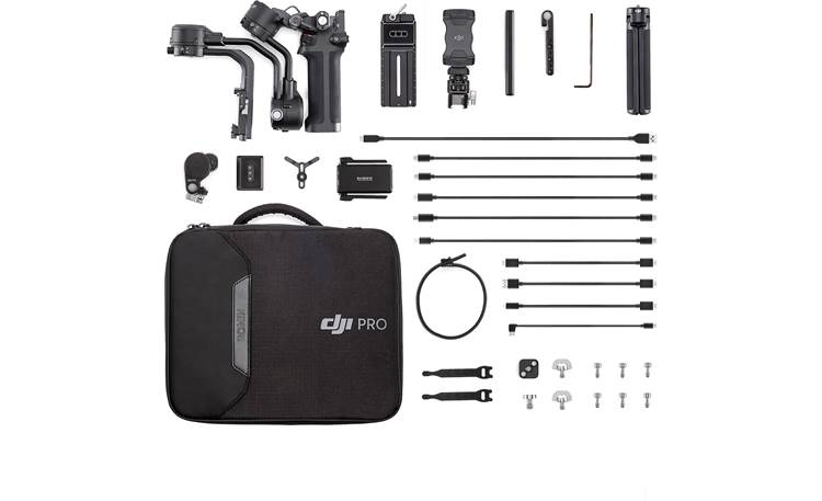 DJI Ronin RSC 2 Pro Combo Shown with included splash-proof travel case, metal extended grip/tripod, image transmitter, phone holder, focus motor, and cables