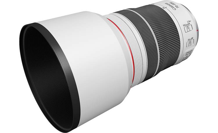 Canon RF 70-200mm f/4 L IS USM Shown fully zoomed out with lens hood on