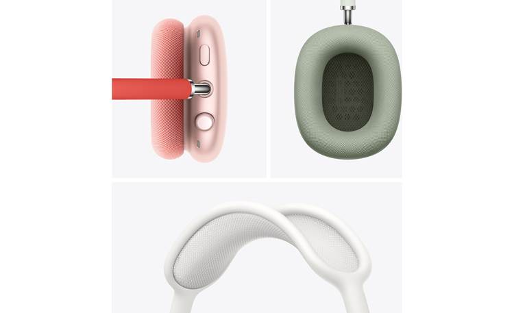 Apple AirPods Max Design touches: (clockwise) Free-moving suspension system; breathable mesh earcups; canopy-style headband for flexible fit