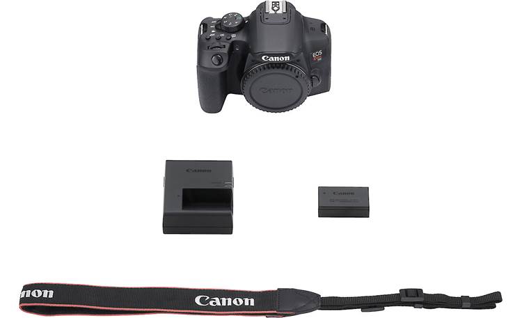 Canon EOS Rebel T8i (no lens included) Shown with included camera strap, battery, and charger