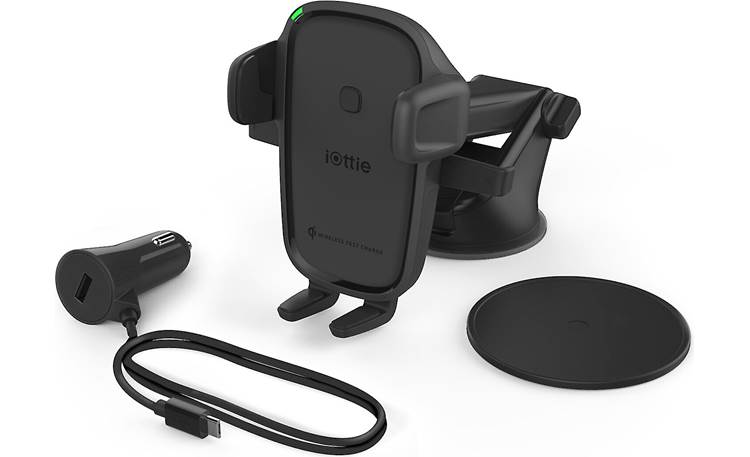 iOttie Easy One Touch Wireless 2 included 12-volte power cable, charging mount, and suction cup pad