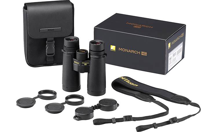 Nikon Monarch HG 10x42 Binoculars Shown with included travel case, adjustable strap, and lens covers