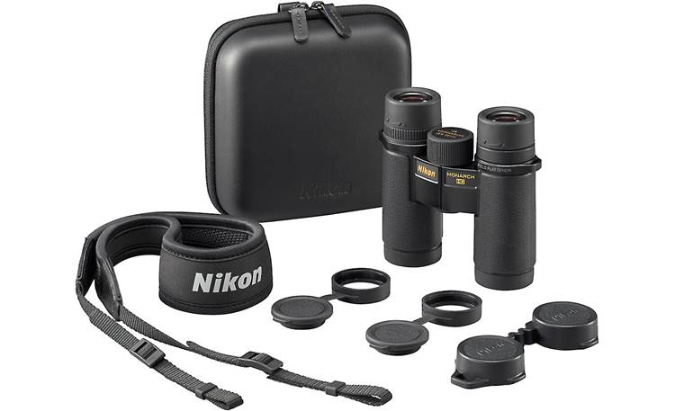 Nikon Monarch HG 8x30 Binoculars Shown with included travel case, adjustable strap, and lens covers