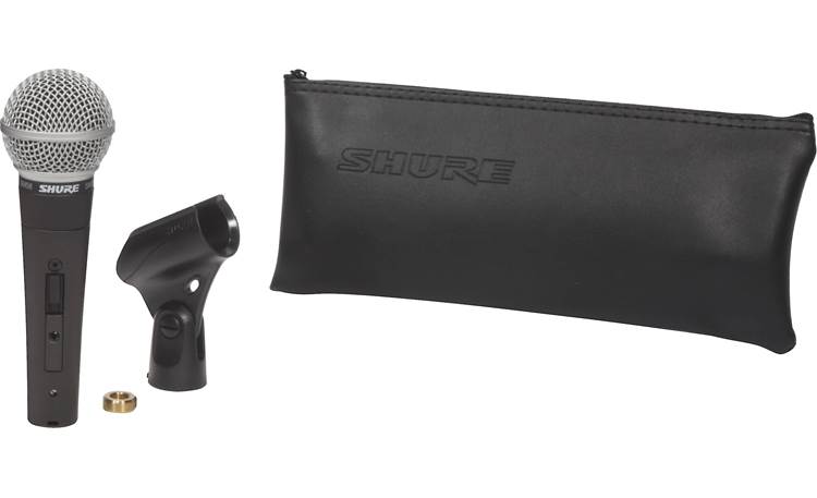 Shure SM58S Shown with the included zippered case, 180° adjustable mic stand mount, and mic stand adapter