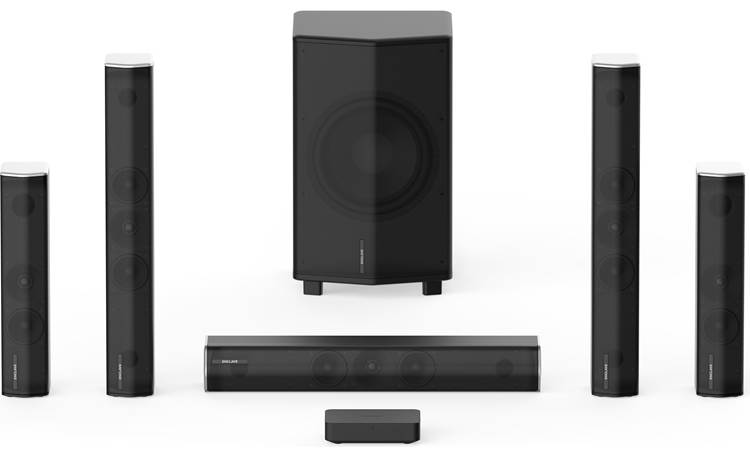 Enclave Audio CineHome PRO Includes wireless transmitter, center speaker, two front speakers, two rear speakers, and subwoofer