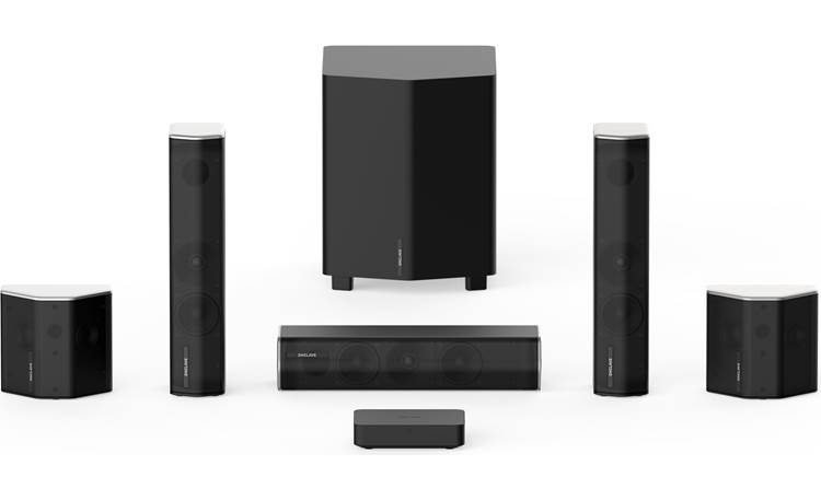 Enclave Audio CineHome II Includes wireless transmitter, center speaker, two front speakers, two rear speakers, and subwoofer