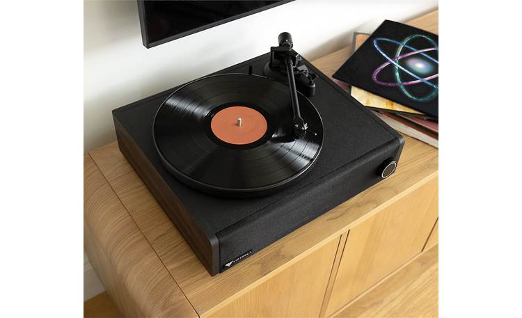 Victrola Premiere V1 Turntable Music System Shown with dust cover removed