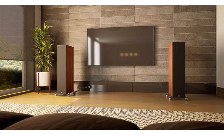 PSB Synchrony T600 In a home theater setting, with included magnetic grilles
