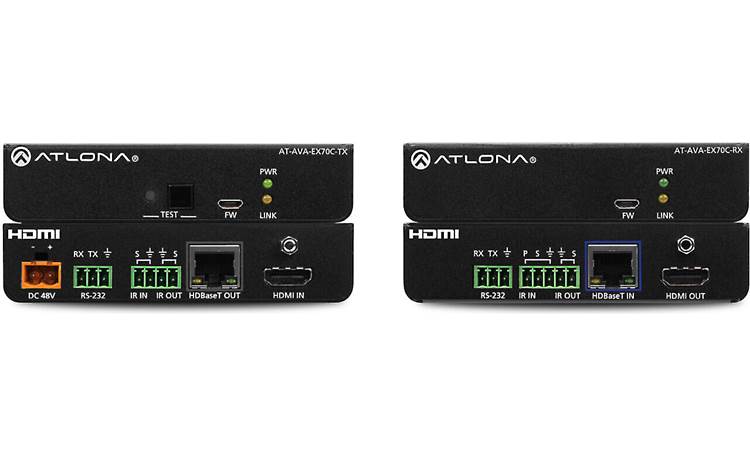 Atlona Avance AT-AVA-EX70C-KIT Front and back shots of the receiver and transmitter (one of each unit is included)