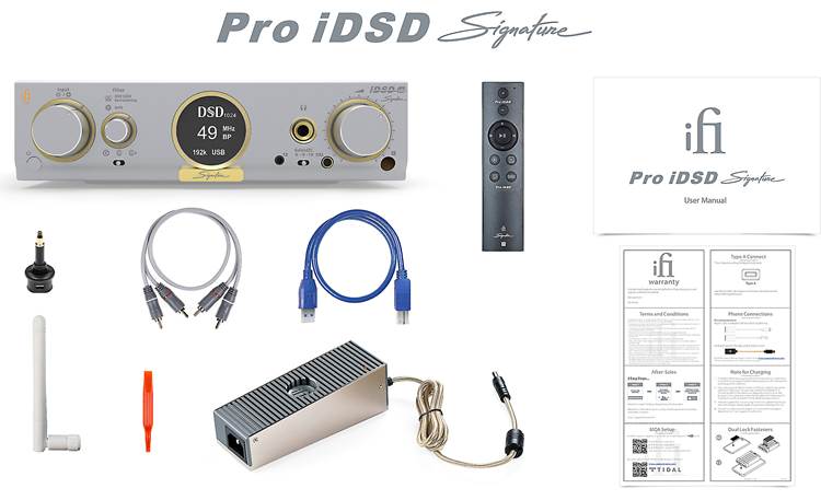 iFi Pro iDSD Signature Shown with updated remote, iPower Elite power supply, and other included accessories