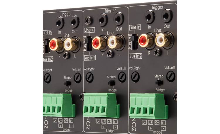OSD MX1280 Close-up of zone connections, including speaker wire terminals, line inputs, trigger ins/outs, and source switches