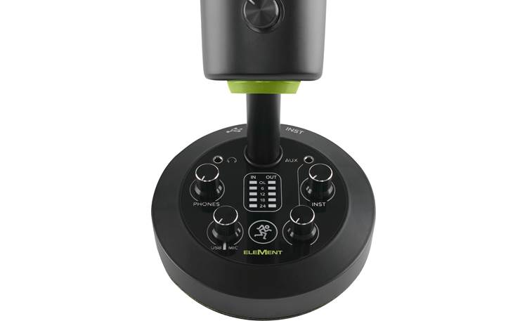 Mackie Chromium Integrated desktop stand incorporates controls, meters, 3.5mm headphone output, and 3.5mm stereo aux input