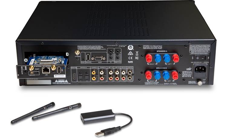 NAD C 399 BluOS-D Back view with Wi-Fi and Bluetooth antennas and Wi-Fi dongle (all included)
