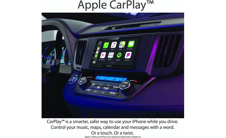Kenwood DMX47S Shown installed with Apple CarPlay screenshot (climate controls, dash console, and vehicle not included)