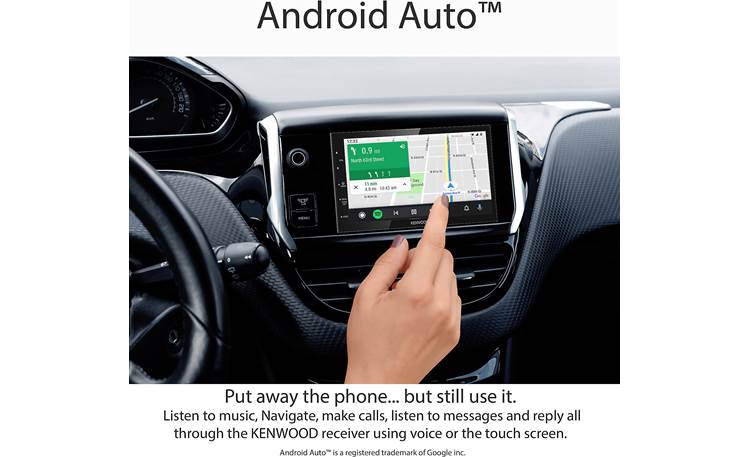 Kenwood DMX47S Android Auto screenshot shown on installed receiver (dash board, vehicle, and right hand not included)